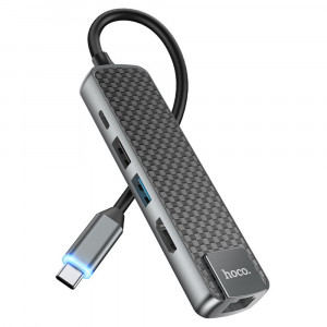 Hoco - Docking Station Easy View (HB23) - Type-C to Type-C, USB 2.0, USB 3.0 , HDMI, RJ45 - Metal Gray - Img 1