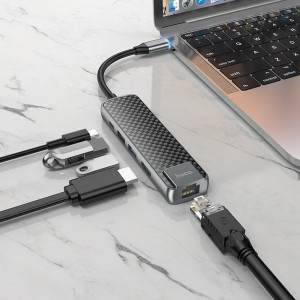 Hoco - Docking Station Easy View (HB23) - Type-C to Type-C, USB 2.0, USB 3.0 , HDMI, RJ45 - Metal Gray - Img 4