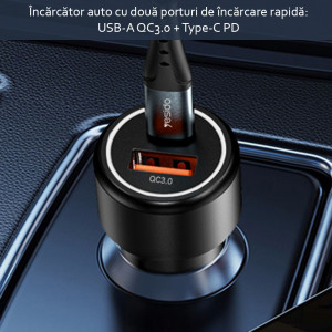Incarcator Auto USB QC3.0 18W, Type-C PD 24W - Yesido (Y42) - Black - Img 3