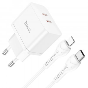 Incarcator Priza 2x Type-C, 35W + Cablu Type-C la Lightning - Hoco Triumph (N29) - White - Img 1