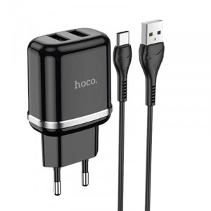Incarcator Priza 2xUSB-A, 12W, 2.4A + Cablu Type-C 1m - Hoco Aspiring (N4) - Black - Img 1