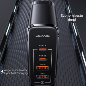 Incarcator Priza 2xUSB-C GaN 100W, 2xUSB-A QC 3.0 + Cablu Type-C 1.2m - USAMS (UCTZ01) - Black - Img 2