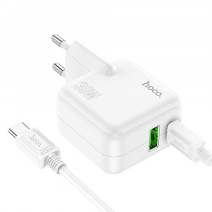Incarcator Priza USB, Type-C 30W + Cablu Type-C - Hoco Lucky (C111A) - White - Img 3