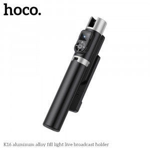 Selfie Stick Bluetooth cu Telecomanda, Lumini LED si Trepied, 80cm - Hoco (K16) - Black - Img 3