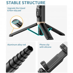 Selfie Stick cu Trepied Stabil si Telecomanda, 73cm - Techsuit (Q12) - Black - Img 4
