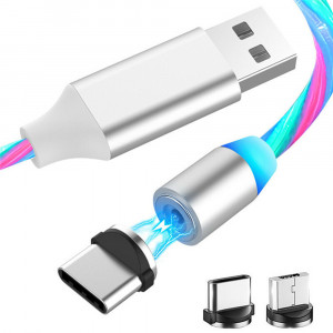 Cablu de Incarcare Magnetic USB la Type-C, Micro-USB, Lightning 1m - Techsuit LED Flowing - White - Img 2