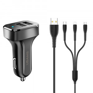 Incarcator Auto C13 + Cablu U35 Micro-USB, Lightning, Type-C 2A - USAMS Kit King Tu Series - Black - Img 1