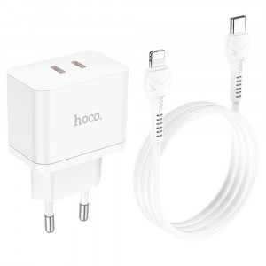 Incarcator Priza 2x Type-C, 35W + Cablu Type-C la Lightning - Hoco Triumph (N29) - White - Img 2