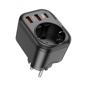 Incarcator Priza, Adaptor Shuko 2xUSB-A, Type-C, QC 3.0, 3A, PD 20W - Hoco (NS3) - Black - Img 1