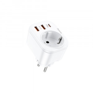 Incarcator Priza, Adaptor Shuko 2xUSB-A, Type-C, QC 3.0, 3A, PD 20W - Hoco (NS3) - White - Img 3