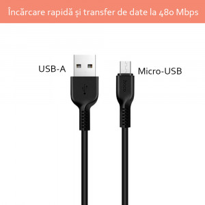 Cablu de Date USB-A la Micro-USB 10W, 2.4A, 1m - Hoco Flash (X20) - Black - Img 3