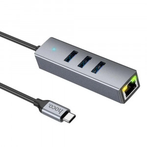 Hoco - Docking Station Easy Link (HB34) - Type-C to USB3.0, Ethernet, 1000Mbps - Metal Gray - Img 1