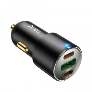 Incarcator Auto USB-A, 2xType-C, QC3.0, PD45W, 5A + Cablu Type-C 1m - Hoco (NZ6) - Black - Img 2