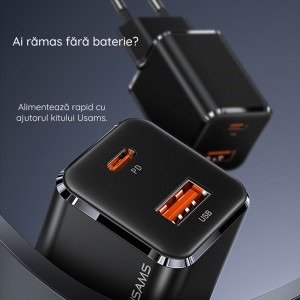 Incarcator Priza 1xUSB-C GaN 33W, 1xUSB-A QC3.0 + Cablu Lightning 1.2m - USAMS (USKTZ01) - Black - Img 4