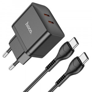 Incarcator Priza 2x Type-C, 35W + Cablu Type-C la Type-C - Hoco Triumph (N29) - Black - Img 1