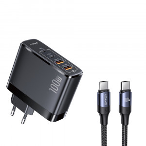 Incarcator Priza 2xUSB-C GaN 100W, 2xUSB-A QC 3.0 + Cablu Type-C 1.2m - USAMS (UCTZ01) - Black - Img 1