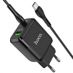Incarcator Priza USB-A, Type-C, Q.C 3.0, PD 20W, 3A + Cablu Type-C - Hoco Favor (N5) - Black - Img 1