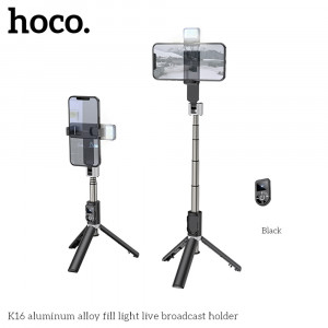 Selfie Stick Bluetooth cu Telecomanda, Lumini LED si Trepied, 80cm - Hoco (K16) - Black - Img 4