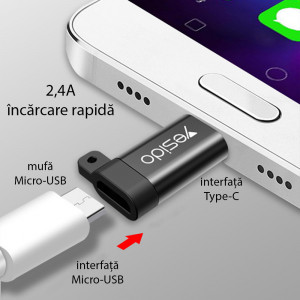 Adaptor OTG Micro-USB la Type-C 480Mbps - Yesido (GS04) - Black - Img 2