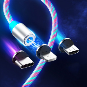 Cablu de Incarcare Magnetic USB la Type-C, Micro-USB, Lightning 1m - Techsuit LED Flowing - White - Img 3
