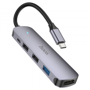 Hoco - Docking Station (HB27) - Type-C to USB 3.0, 2x USB 2.0, Type-C, HDMI, 60W, 20V/3A, 4K@30Hz - Metal Gray - Img 1