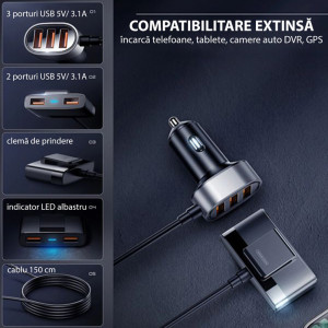 Incarcator de Masina pentru Telefon, 5x USB, 6.2A, 1.5m - JoyRoom (JR-CL03) - Black - Img 3