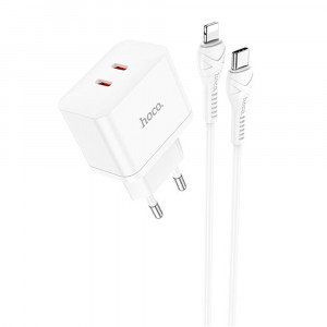 Incarcator Priza 2x Type-C, 35W + Cablu Type-C la Lightning - Hoco Triumph (N29) - White - Img 3