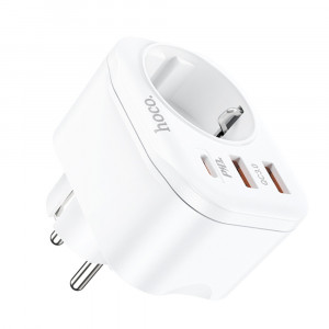 Incarcator Priza, Adaptor Shuko 2xUSB-A, Type-C, QC 3.0, 3A, PD 20W - Hoco (NS3) - White - Img 1
