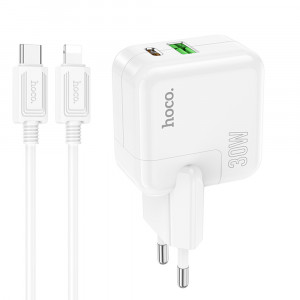 Incarcator Priza USB, Type-C 30W + Cablu Type-C la Lightning - Hoco Lucky (C111A) - White - Img 1