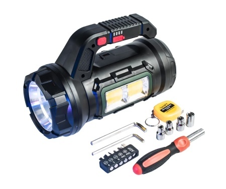 Lanterna Led 18W multifunctionala, Set Scule incluse, acumulator reincarcabil USB Type C, 5 moduri iluminare, avertizare luminoasa, leduri stare incarcare baterie, negru