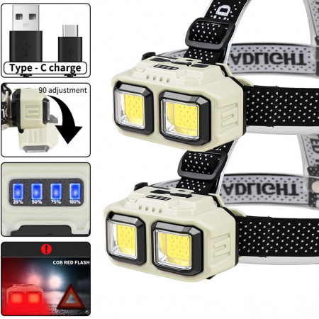 2 x Lanterna de cap, Profesionala, Incarcare USB, Senzor Miscare, 4 Moduri Lumina, 2 Nivele De Intensitate, Pentru Pescuit, Vanatoare, Munca, Indicator Baterie, HX-816S