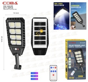 Lampă solară stradală COBA CB-144LED – 200W, senzor de mișcare, telecomandă, IP65
