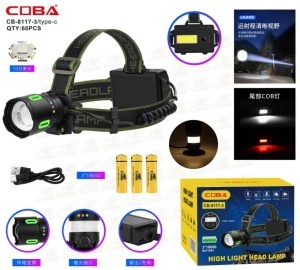 Lanternă frontală LED reîncărcabilă COBA CB-8117-3 – 3 acumulatori, LED COB lateral și power bank