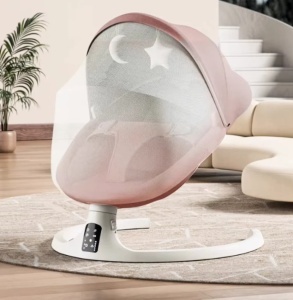 Leagan Electric Bebelusi, 5 Trepte Balansare, Bluetooth, Telecomanda, Plasa Anti-insecte, Centuri 3 si 5 Puncte, 2 Jucarii Incluse, 10 Melodii, 0-12 Luni, 12 kg, 61x75x71cm, Balansoar Leaganel Electric Copii, Roz