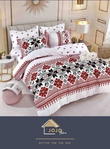Lenjerie de pat, Jojo Home, imprimeu Traditional, 4 piese, 1 persoana, 155x230cm, Finet, Alb Multicolor