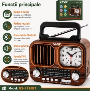 Radio Portabil Retro NNS NS-7116BT, Bluetooth, Ceas Analogic, USB/TF, MP3, AM/FM/SW, Baterie 18650 1200 mAh - Img 2