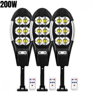 Set 3 Lampi Solare Stradale cu Telecomanda 200W , 156 LED 6 COB, cu Senzori de Amurg, Miscare si Lumina, IP65 Wateproof, 3 Moduri Functionare, Brat de Montare Inclus, Negru - Img 1