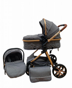 Carucior 3 in 1 Reversibil, cu Suspensii, Geanta Inclusa si Cos Auto, Plabil, T9, Gri