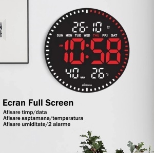 Ceas Digital de Perete 28cm cu LED USB – Afișaj pentru Calendar, Temperatură, Umiditate și Cronometru cu Telecomandă