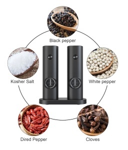 Set electric de rasnite pentru sare si piper, 2 bucati, negru, cu suport, functionare automata, ajustare grosime, 70ml - Img 3