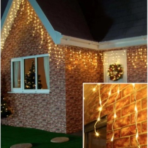 Instalatie Craciun 15m cu flash, 300 LED-uri, de exterior, tip franjuri, turturi ,fir alb, interconectabila - Img 2
