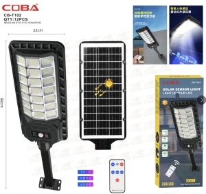 Lampă solară LED stradală COBA CB-T102, 700W, cu senzor de mișcare și telecomandă, IP65, pentru exterior