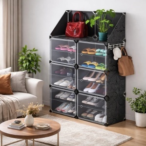 Pantofar modular 12 rafturi, negru cu model elegant, organizator incaltaminte cu usi, 85x31x96 cm - Img 5