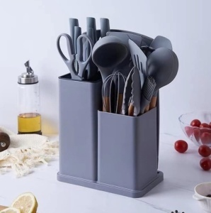 Set 19 ustensile pentru bucatarie din silicon, cu maner de lemn, suport si tocator - Img 5