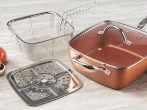 Tigaie multifunctionala cu capac, sita pentru prajit si tava pentru abur, 24x24x9.5cm, aramiu - Img 3