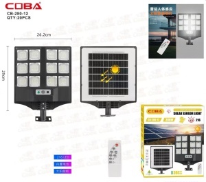 Lampă solară LED stradală COBA CB-280-12, 300W, cu senzor de mișcare și telecomandă, IP66, pentru exterior