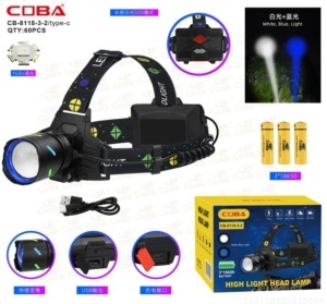 Lanternă frontală LED reîncărcabilă COBA CB-8118-3-2 – lumină albă & albastră, COB lateral și power bank