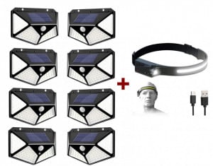 PACHET SET 8 LAMPI SOLARE 100 LED + LANTERNA CAP SENZOR MISCARE - Img 1