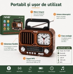 Radio Portabil Retro NNS NS-7116BT, Bluetooth, Ceas Analogic, USB/TF, MP3, AM/FM/SW, Baterie 18650 1200 mAh - Img 3