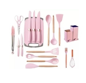 Set 19 ustensile pentru bucatarie din silicon, cu maner de lemn, suport si tocator - Img 2